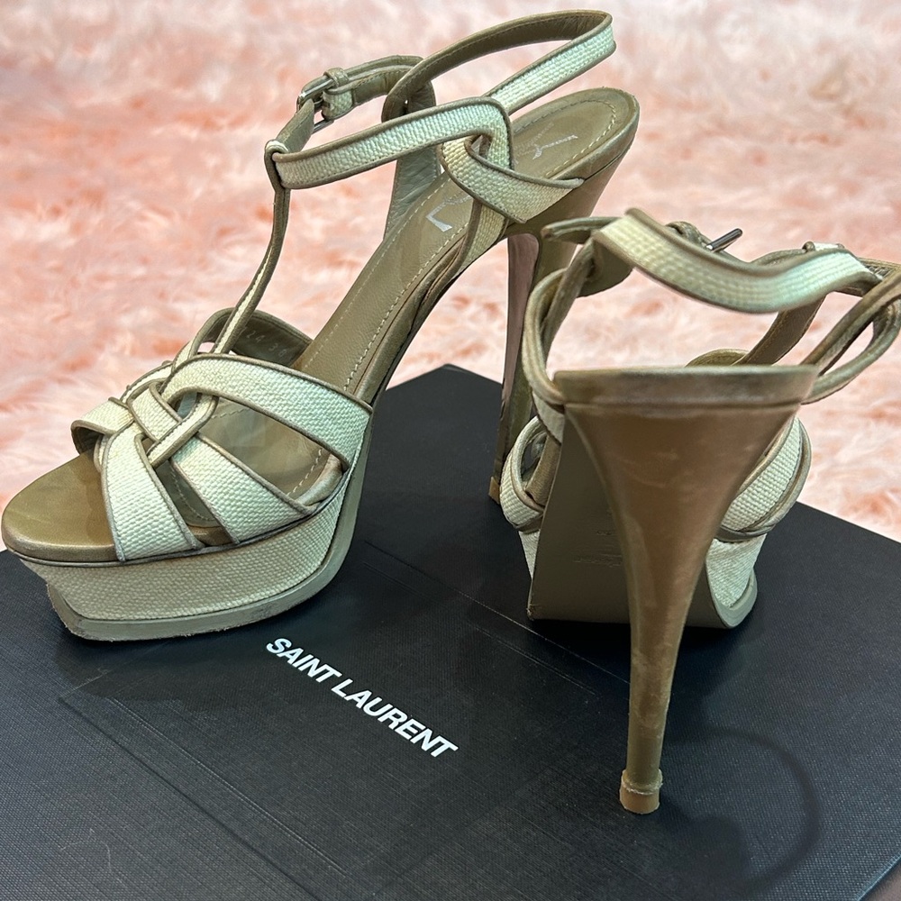 Saint Laurent Tan Platform Heels with T-Strap Design